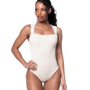 Ribbed Square Neck Shapewear Bodysuit (White)